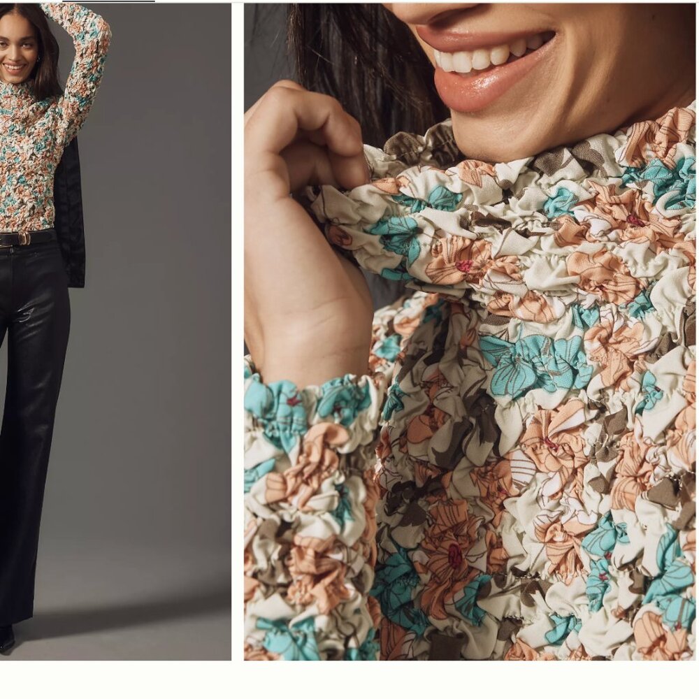 NWT ANTHROPOLOGIE Dolan Blue and Brown Smocked Ruffled Long Sleeve Blouse Size M - Picture 5 of 9